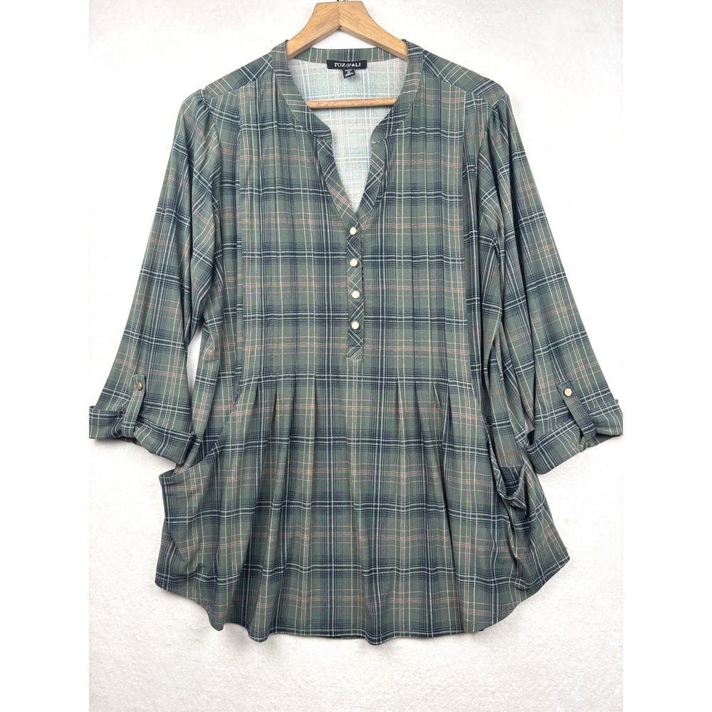 Roz and Ali Tunic Womens 1X Plaid Henley Roll Tab Sleeve